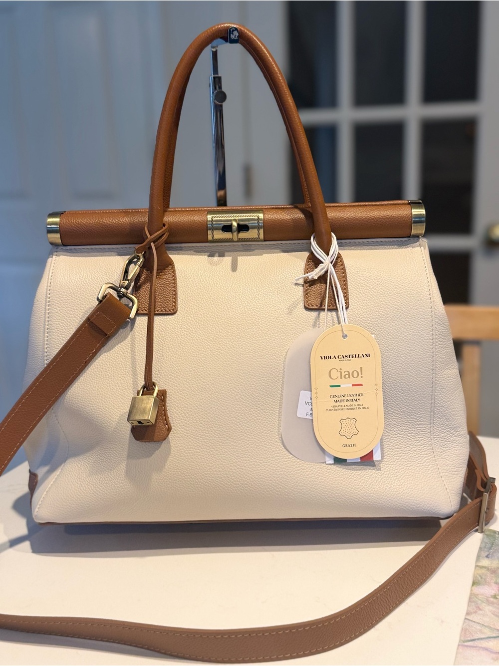 Viola Castellani Cream and Tan Leather Satchel